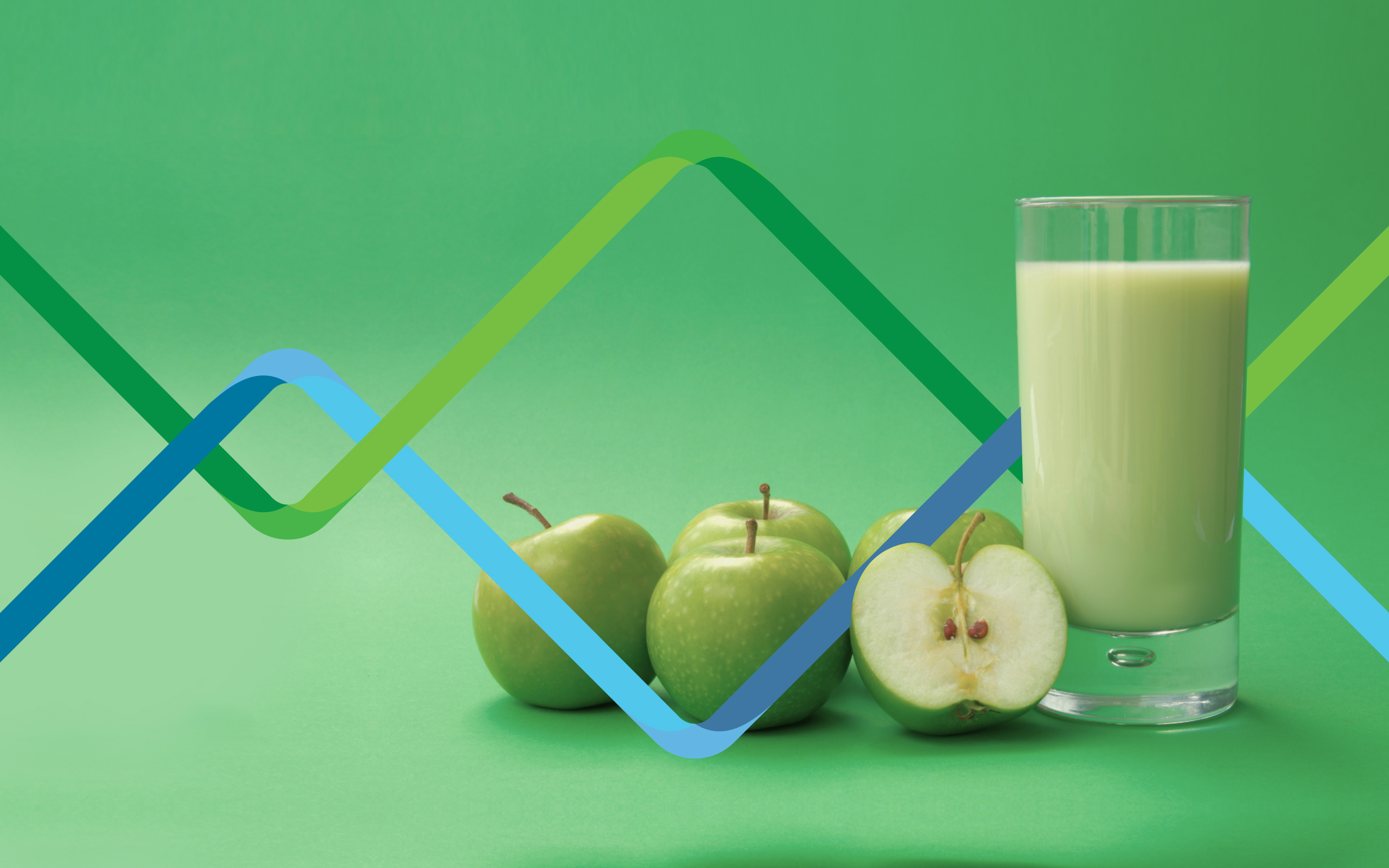 Image showing apples and a green drink with the brand ribbon weaving through each.